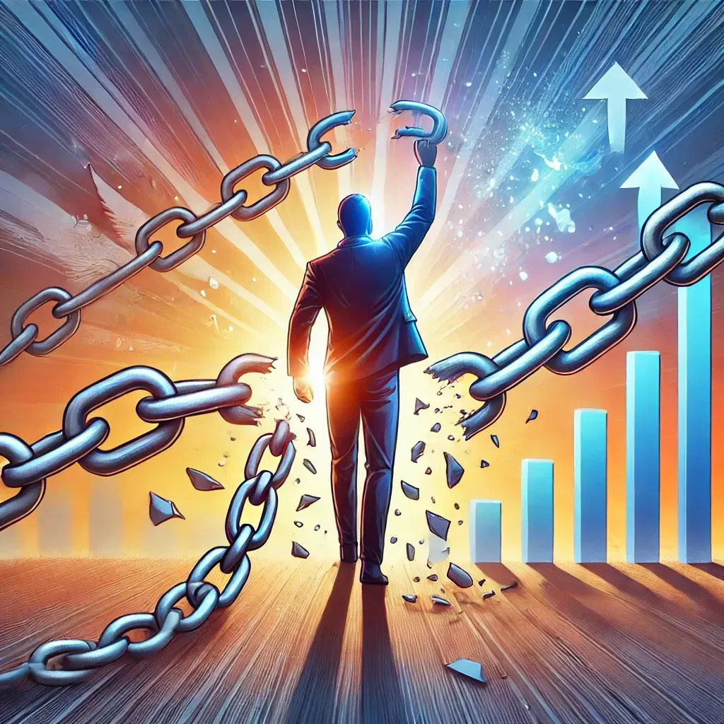 A person breaking free from chains, symbolizing transformation and freedom from bad habits. The background is bright and uplifting, representing personal growth and positive change.