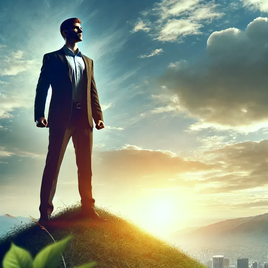 A confident individual standing tall on a hilltop, gazing forward with determination. The sunrise in the background symbolizes personal growth, success, and unshakable confidence.