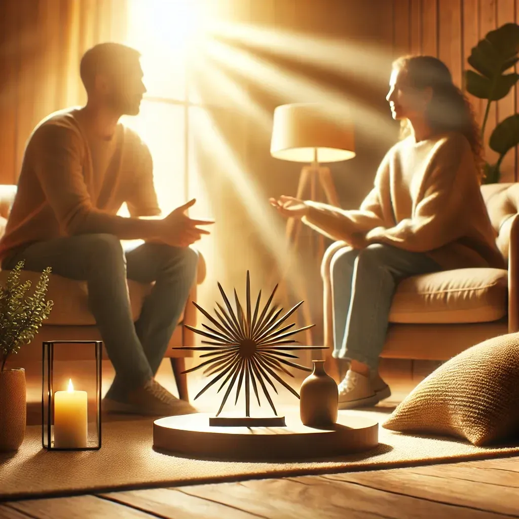 Two people sitting in a warm and inviting setting, engaged in a deep and meaningful conversation. The soft lighting and comfortable atmosphere symbolize strong communication and relationship growth.