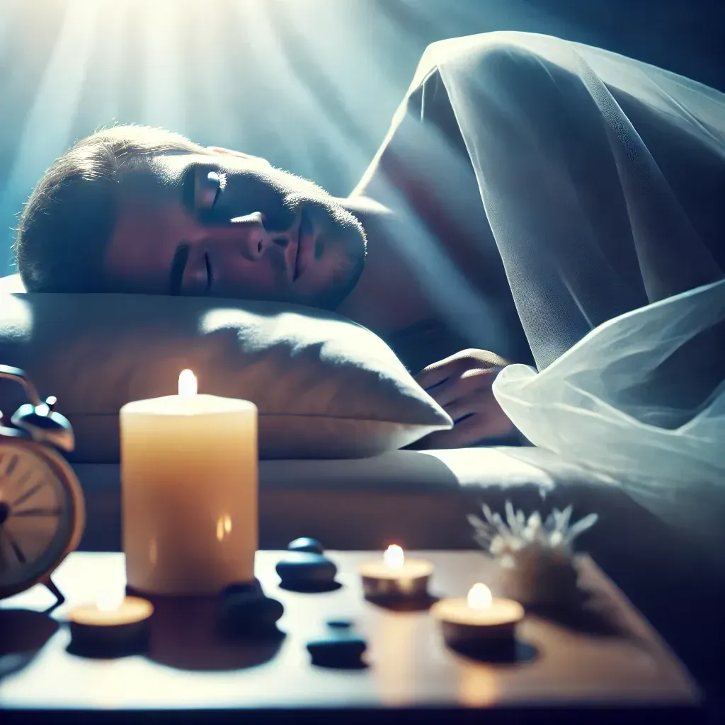 A person peacefully sleeping in a calm and serene environment, with soft candlelight and gentle lighting. The setting represents deep relaxation, hypnosis for sleep, and tranquility.