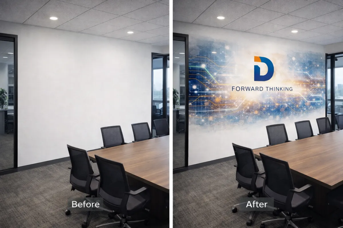 High-resolution wall printing installed in a corporate office interior