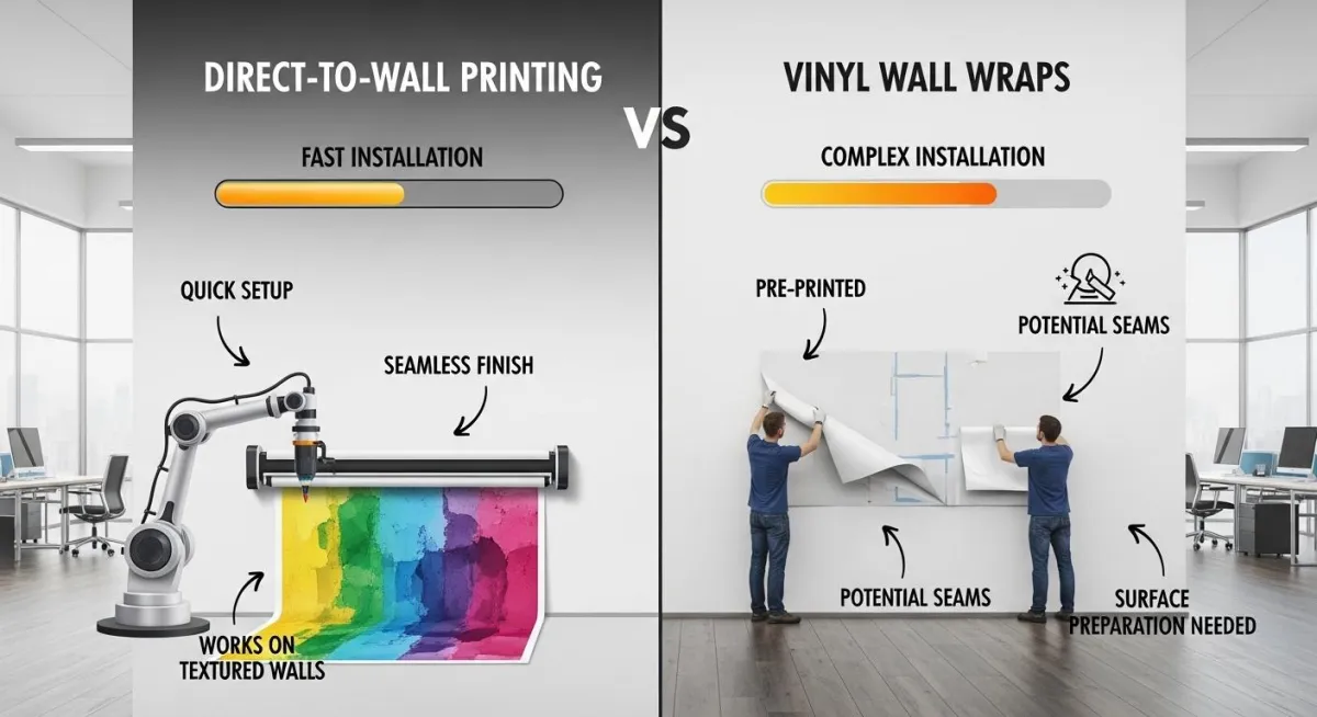 Direct-to-Wall Printing vs. Vinyl Wall Wraps: Fast Installation Office Murals Compared