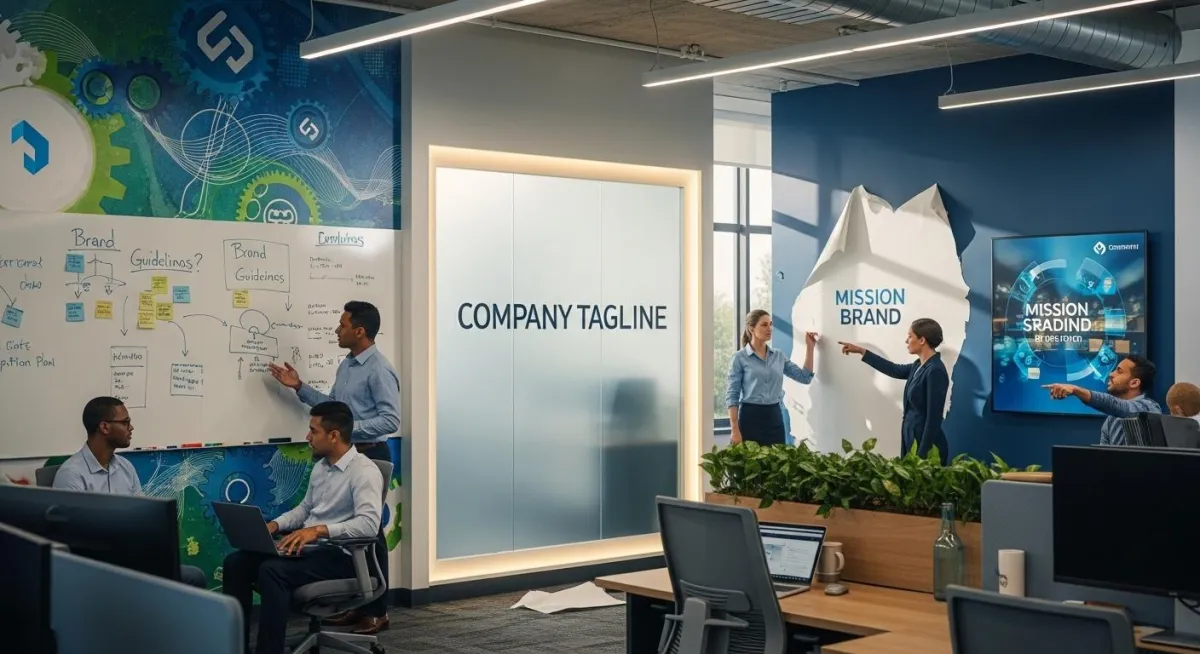 Environmental branding wall graphics integrated into modern office interior design workspace