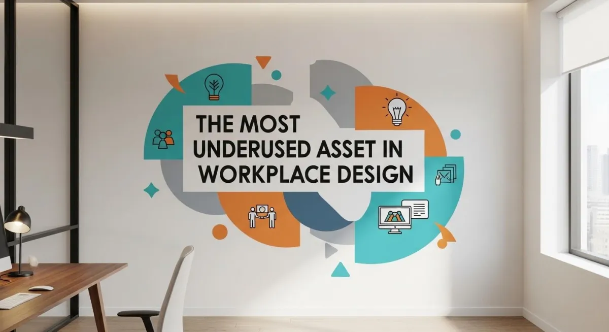 Large-scale office wall graphics integrated into modern workplace interior design