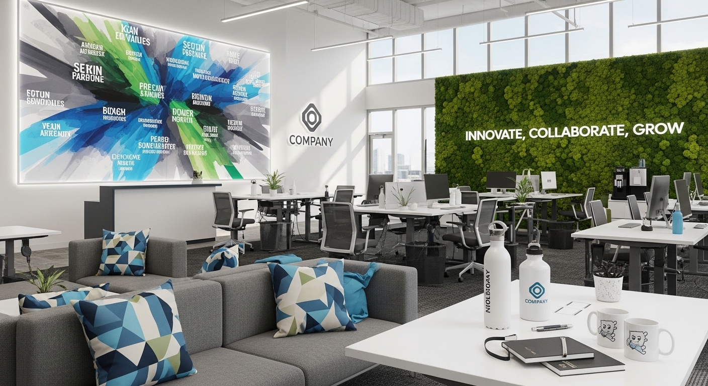 Workplace branding wall graphics integrated into modern office interior design