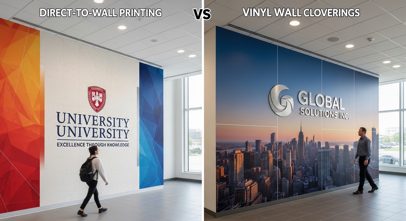Direct-to-wall printing vs vinyl wall coverings comparison in institutional branding spaces