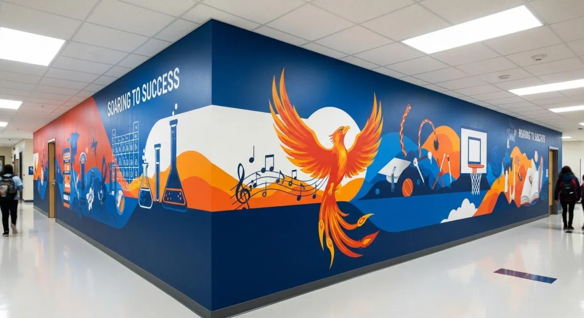Custom K-12 school branding murals with seamless direct-to-wall graphics in school hallways