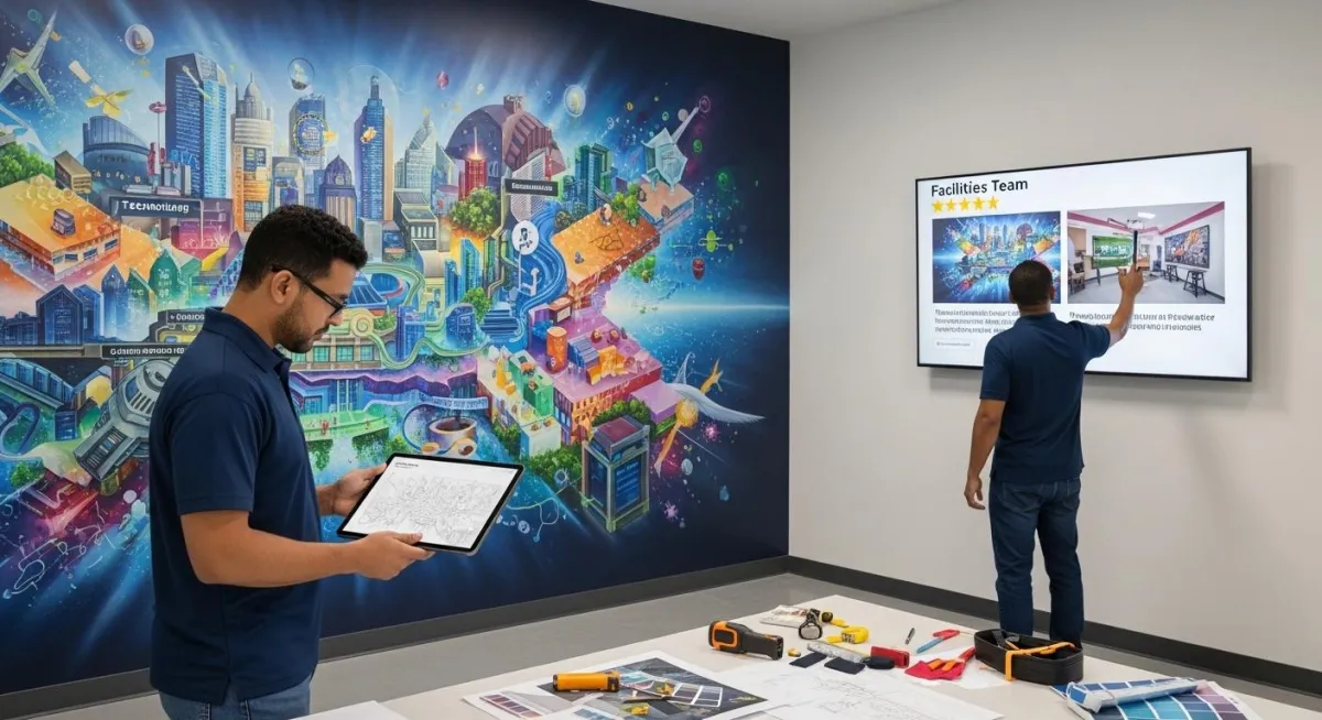 Facility team reviewing commercial mural project performance and direct-to-wall installation quality