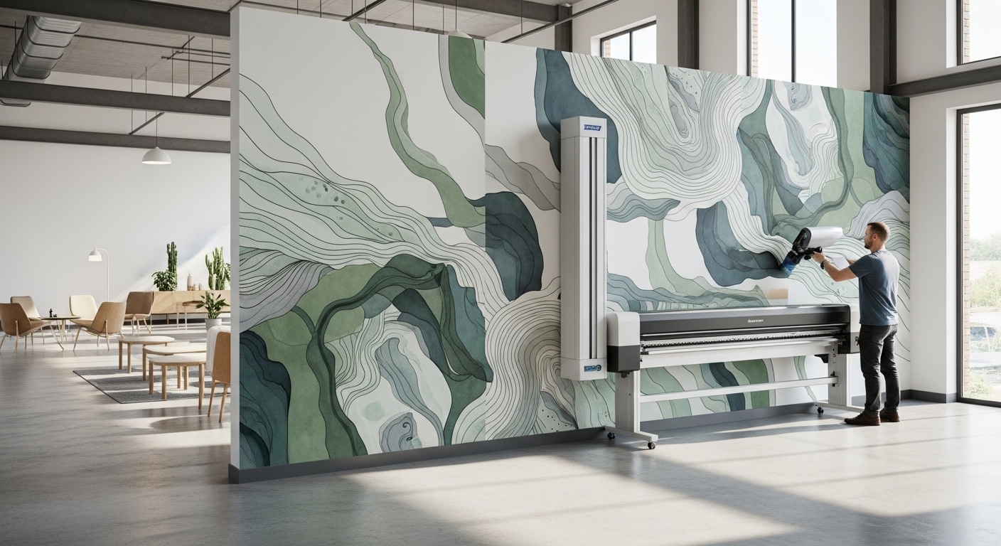 Direct-to-wall mural printing solution in commercial interior with seamless wall graphics