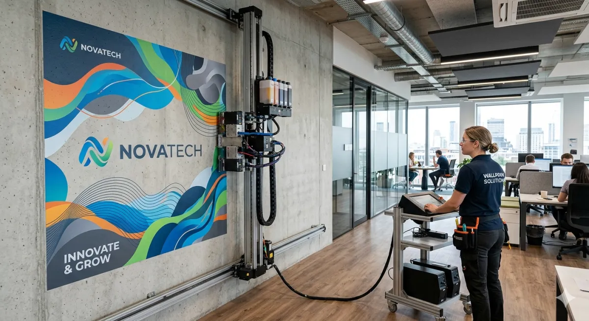Direct-to-wall printing used for modern commercial interior branding without vinyl or wallpaper