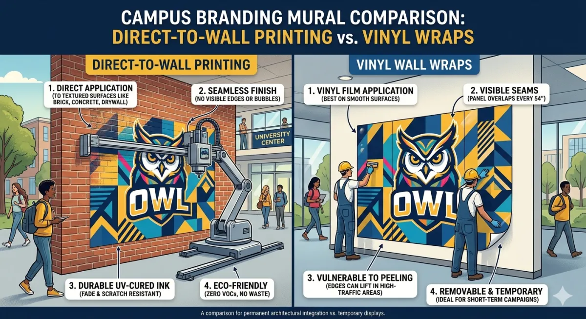 Comparison of direct-to-wall printing and vinyl wraps for campus branding murals