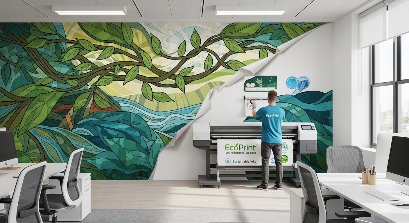 Eco-friendly direct-to-wall printing used for sustainable office mural branding