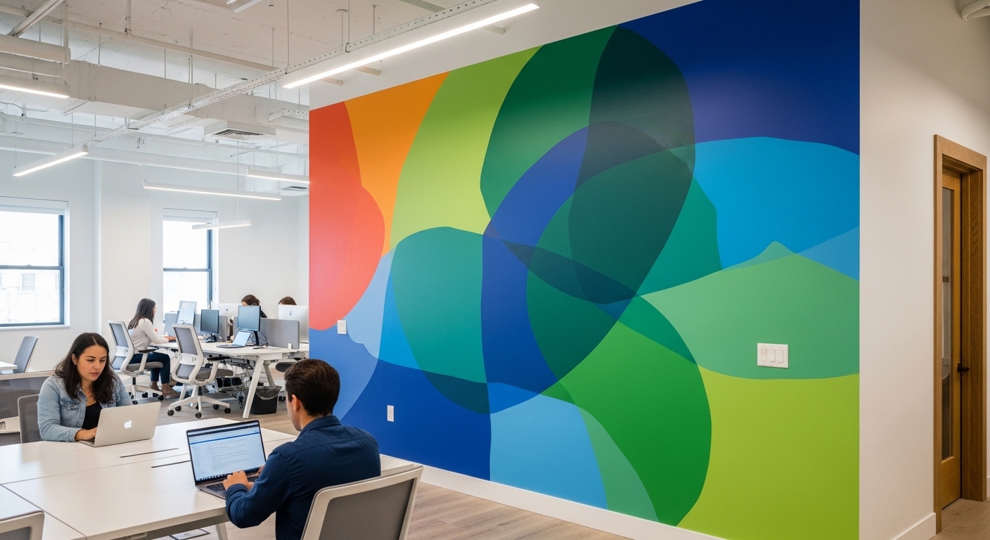 Custom direct-to-wall graphics in commercial space as an alternative to vinyl and wallpaper