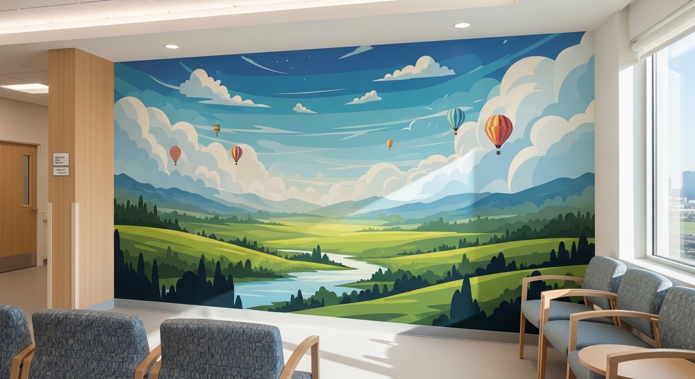 Durable direct-to-wall mural graphics in healthcare facility for patient-centered environments