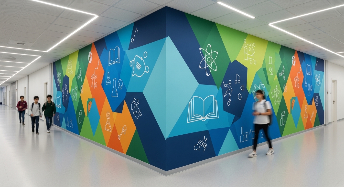 High-resolution direct-to-wall printed school graphics in a modern campus hallway
