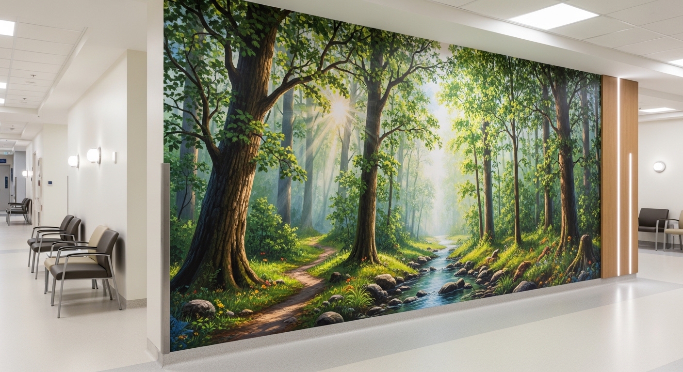 Hospital wall mural with direct-to-wall printing in a modern healthcare facility