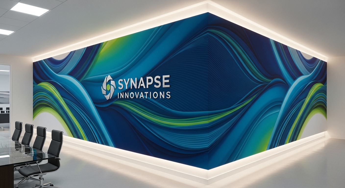 Corporate office wall branding using seamless direct-to-wall printing graphics