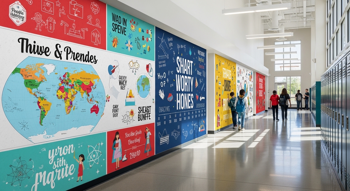 Modern K-12 school wall decor with seamless direct-to-wall printed educational graphics