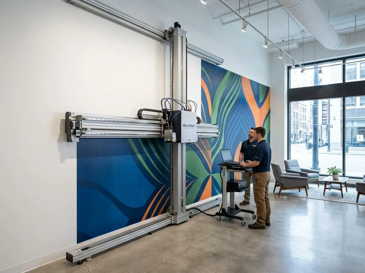 Non-adhesive direct-to-wall mural printing in a commercial interior space
