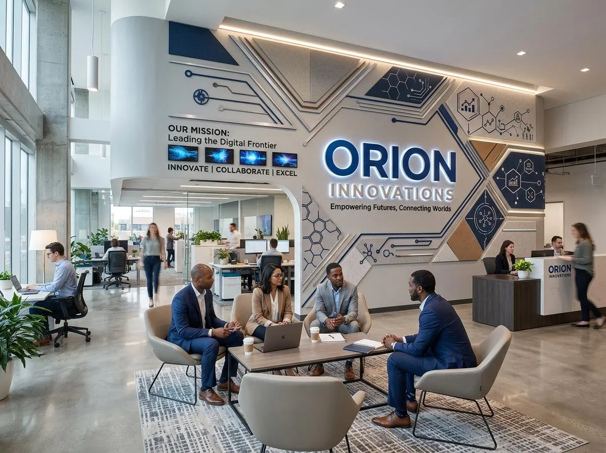 Modern commercial wall branding installation inside a corporate office environment
