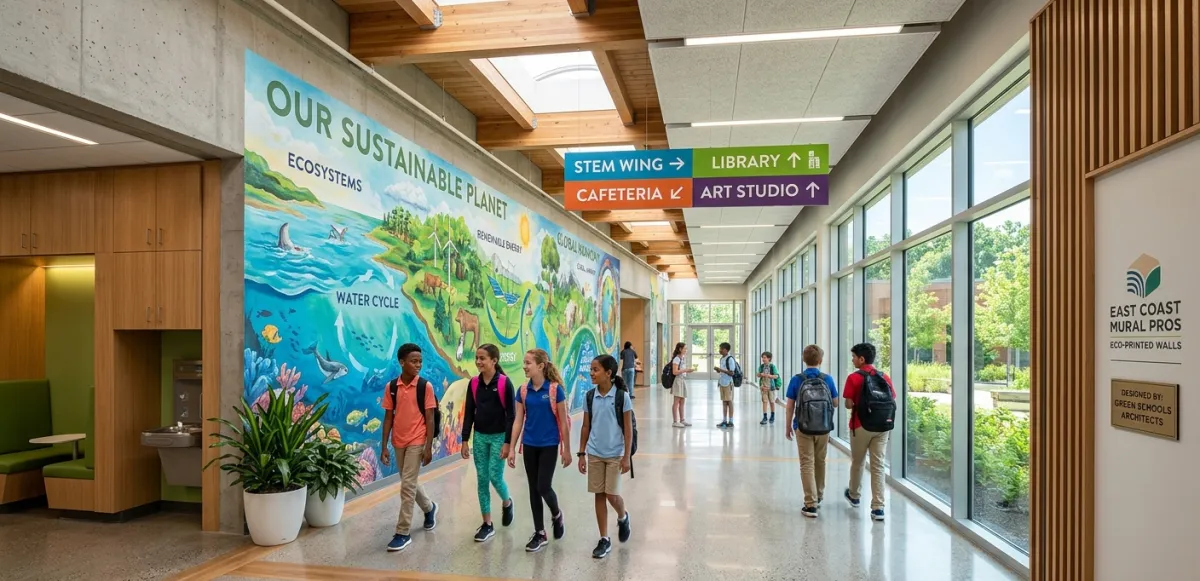 Eco-friendly school wall graphics using direct-to-wall printing with no vinyl, no waste, and long-term durability.