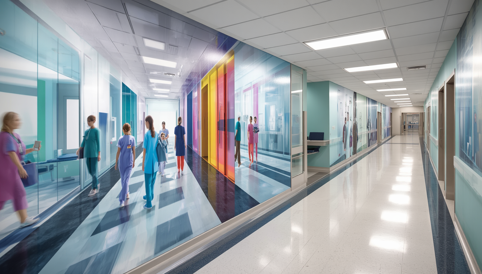 Hospital corridor featuring seamless direct-to-wall printed graphics with vibrant colors and durable finish.