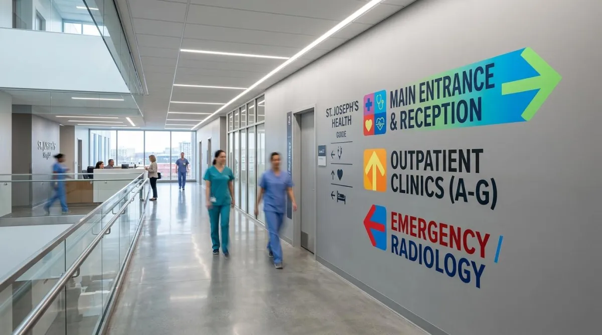 Integrated wayfinding wall graphics printed directly onto a commercial building corridor wall.