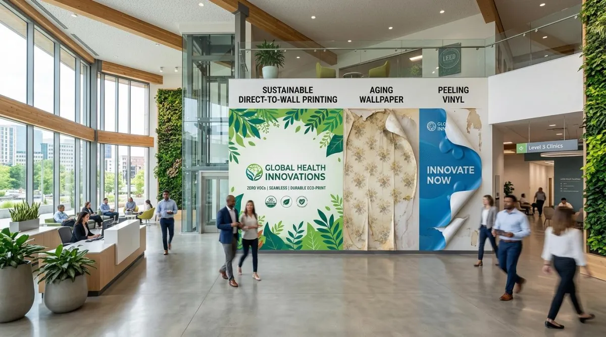 Modern commercial interior featuring sustainable direct-to-wall printing with seamless graphics, eco-friendly wall branding, vibrant colors, and a comparison to traditional vinyl and wallpaper installations.