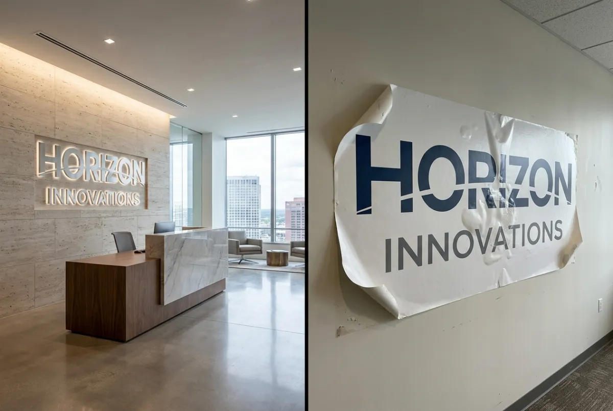 Modern corporate lobby featuring a seamless direct-to-wall printed company logo, alongside a comparison showing peeling vinyl logo graphics, professional office branding, architectural interior design, and high-quality wall graphics.