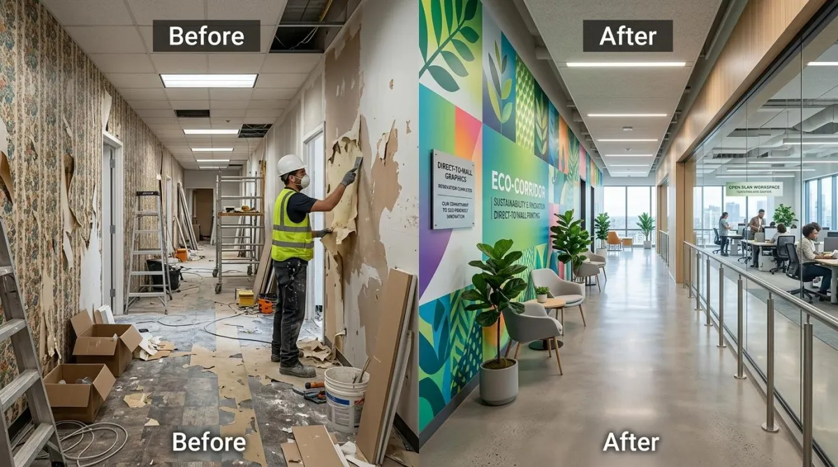Modern commercial interior featuring sustainable direct-to-wall printing replacing vinyl wallpaper and traditional construction, seamless eco-friendly wall graphics, vibrant branding, clean architectural design, and durable printed wall finishes.
