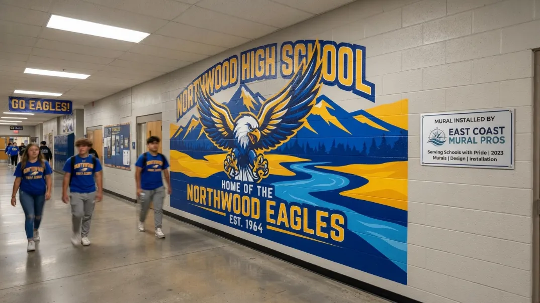 School wall mural with mascot and colors installed by East Coast Mural Pros