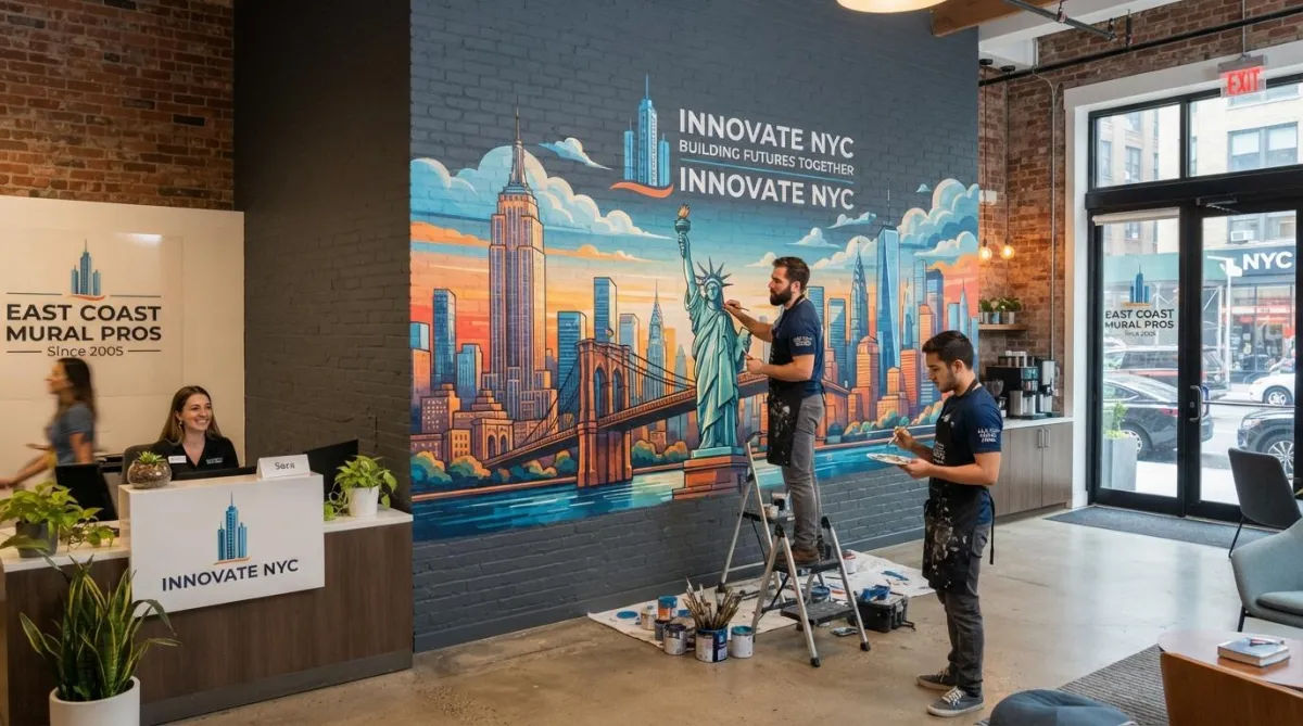 Custom branded wall mural printed in NYC office lobby — East Coast Mural Pros