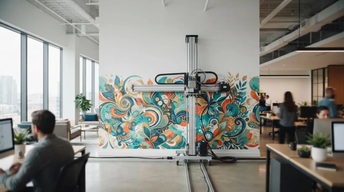 Custom wall mural being printed on a commercial wall — East Coast Mural Pros mural cost guide