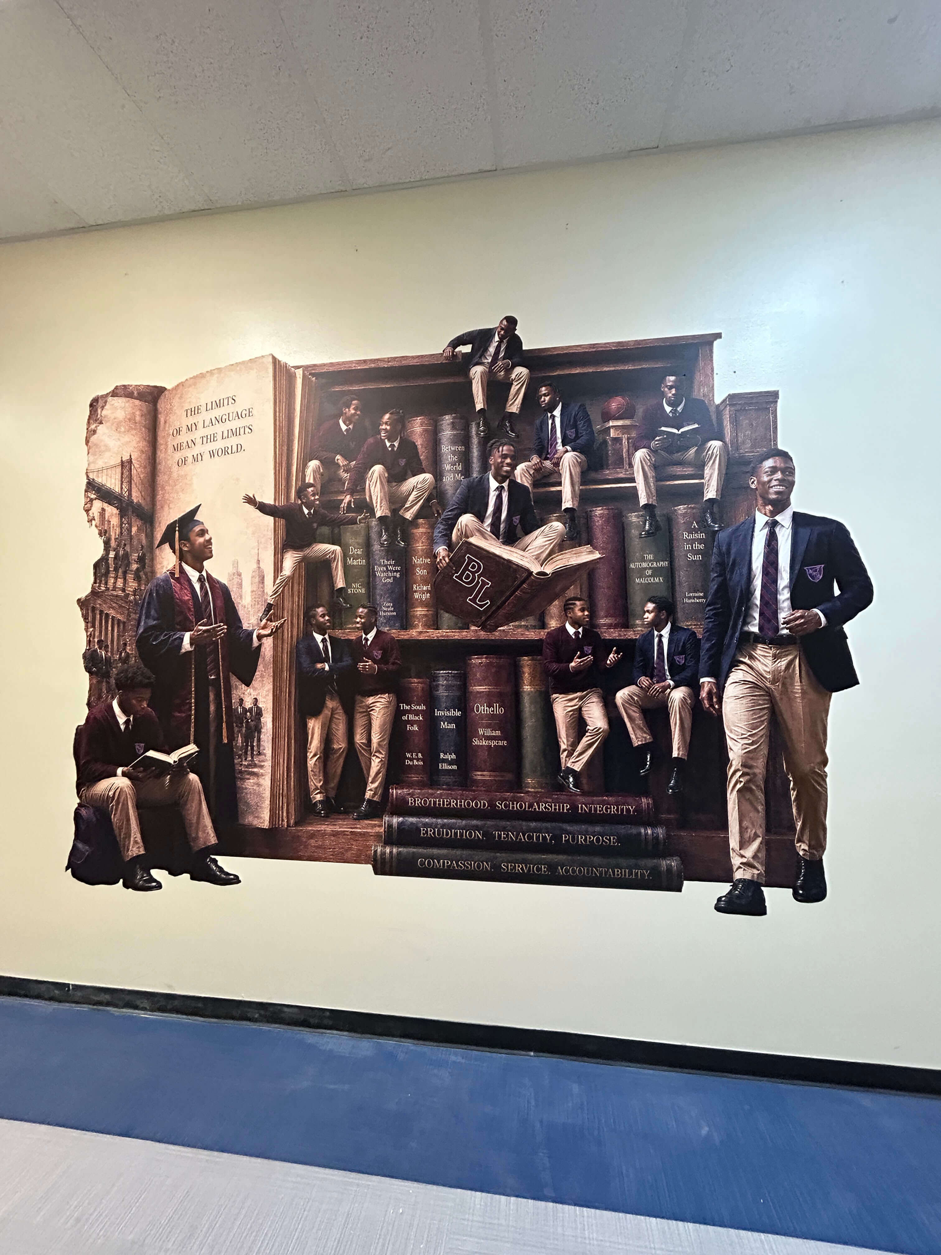 Custom school library wall mural with bookshelf and brotherhood theme printed by East Coast Mural Pros