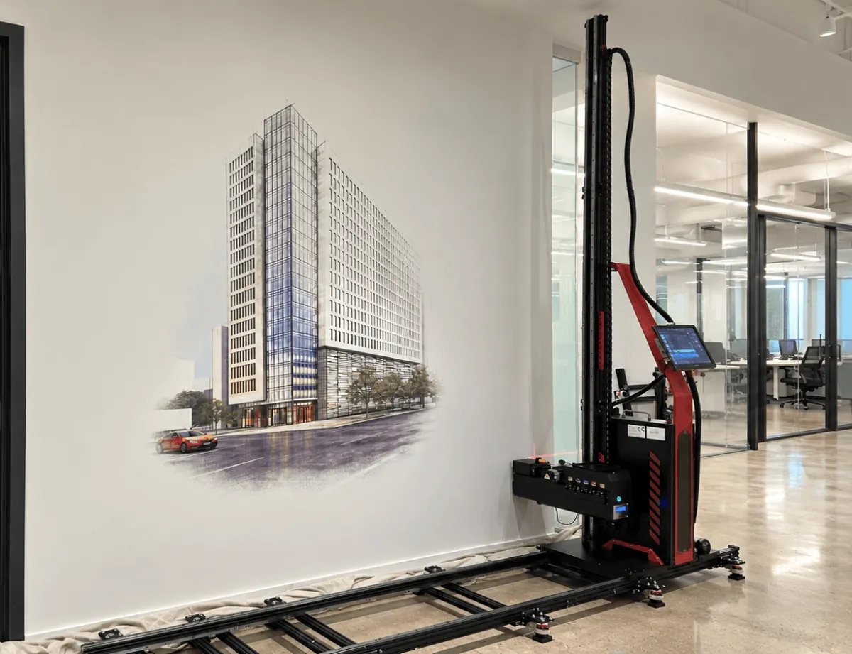 ustom corporate logo and brand values printed directly onto a drywall office background at Granoff Architects in Greenwich, C