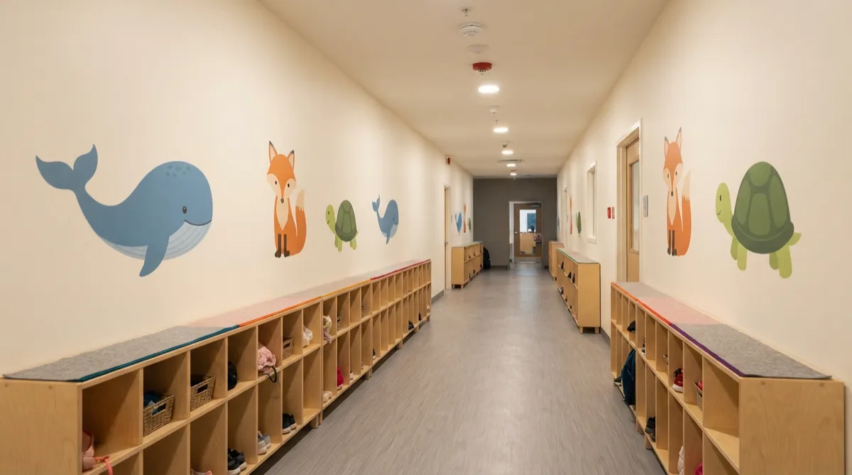 nature themed wall mural printed directly onto a preschool classroom wall