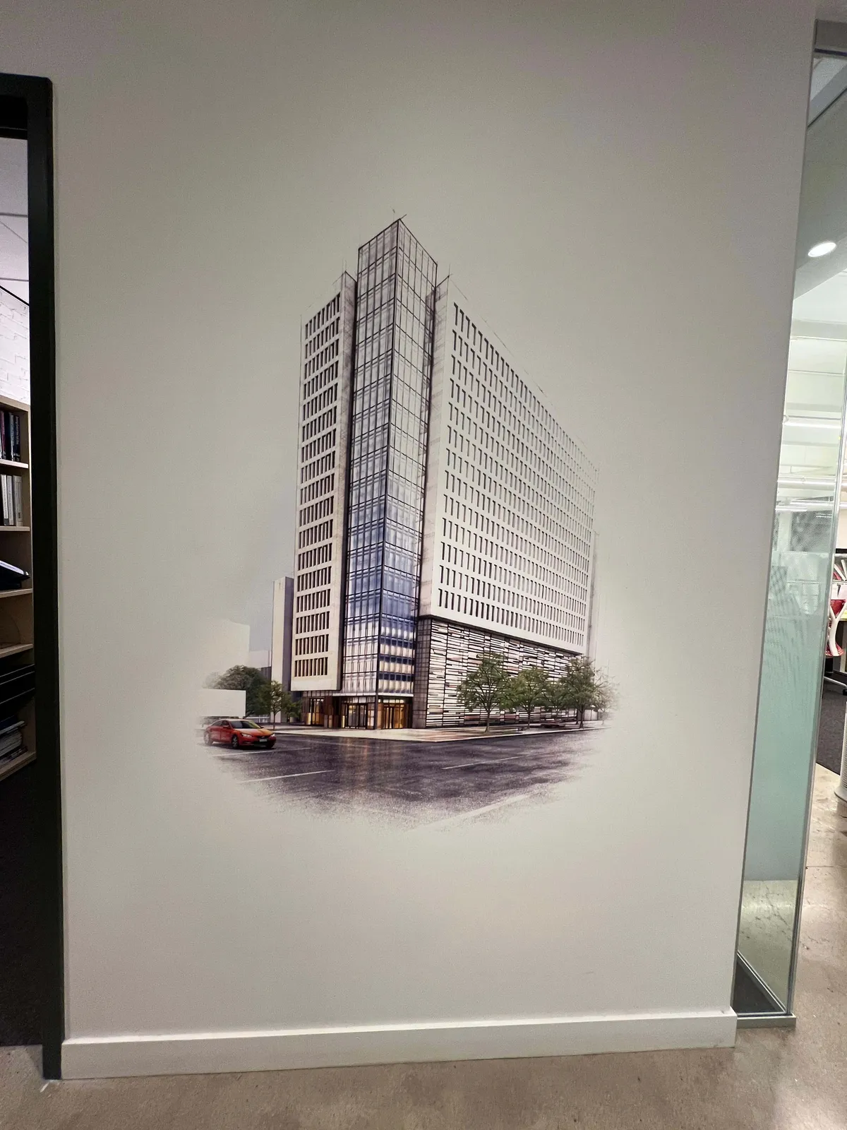 High-resolution wall printing installed in a corporate office interior
