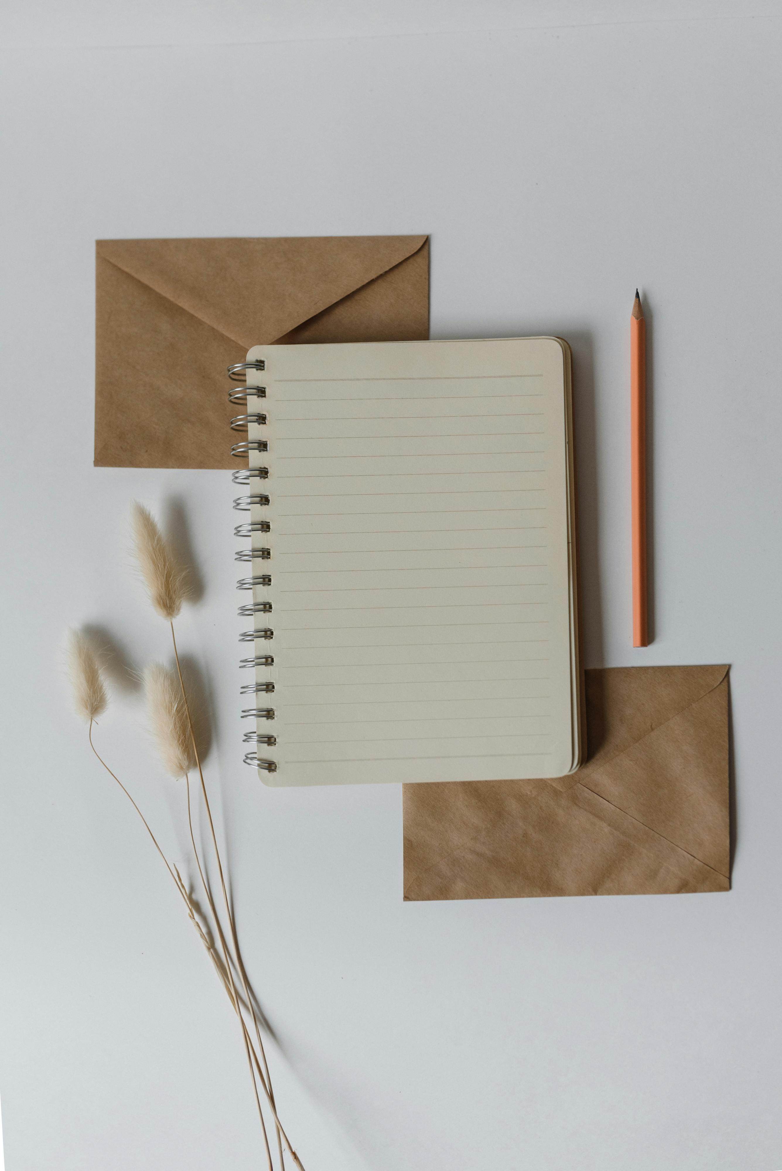 A flat lay of an open spiral notebook with a pencil, two kraft paper envelopes and dried pampas grass on a light grey background.