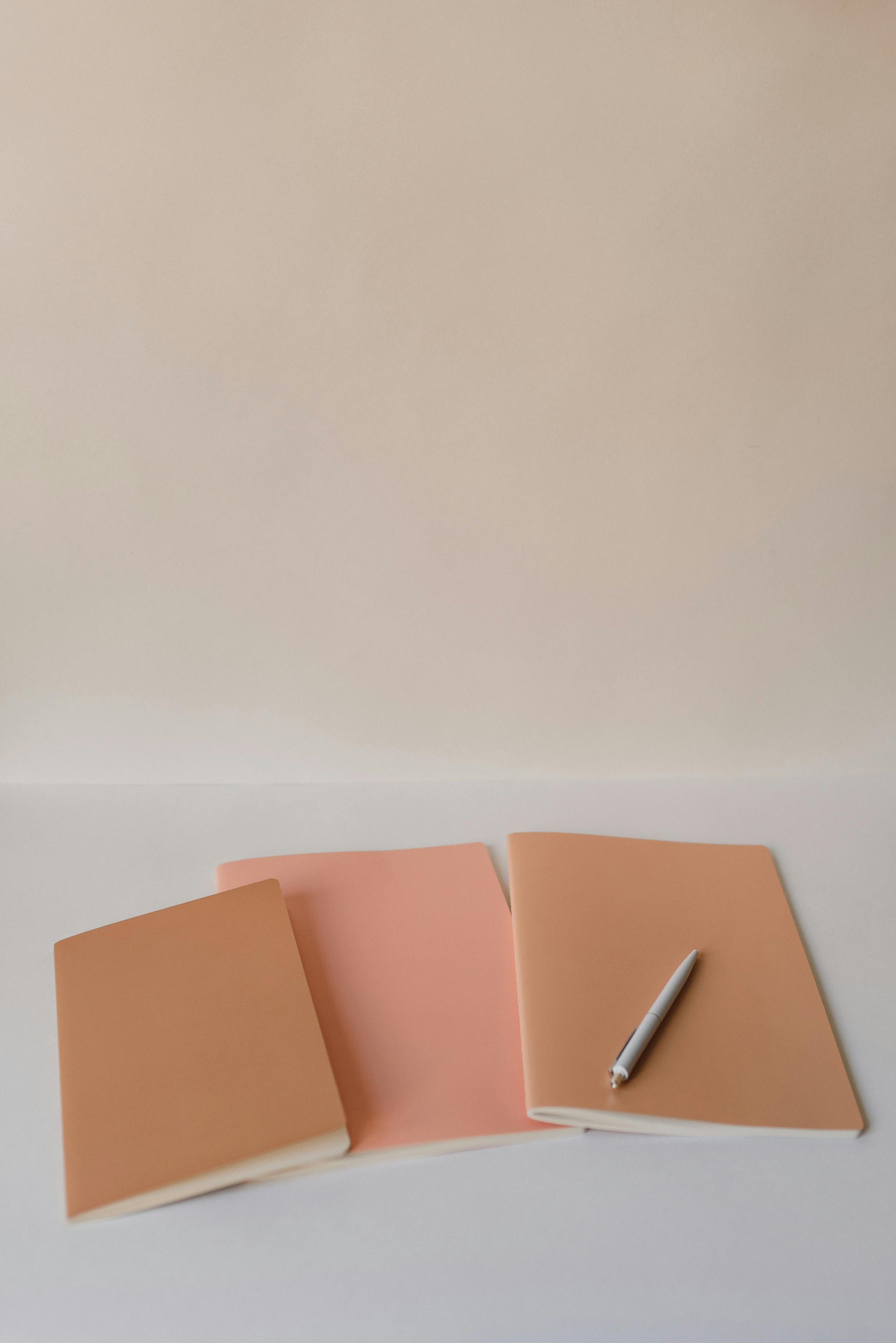 Three peach and coral coloured notebooks fanned out with a pen on a clean cream background.