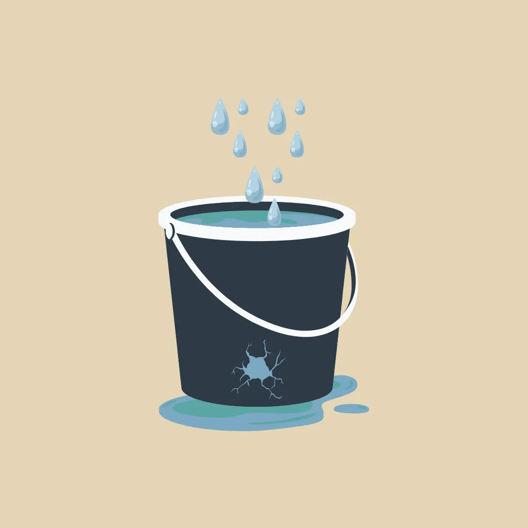 A leaking bucket with water dropping in from above and pooling at the base through a crack, representing marketing effort that is not being retained due to a lack of commercial structure underneath it.