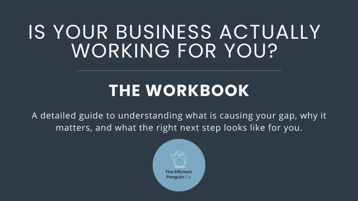 Cover page of the Is Your Business Actually Working For You Workbook by The Efficient Penguin Co. Dark charcoal background with white text and the penguin logo.