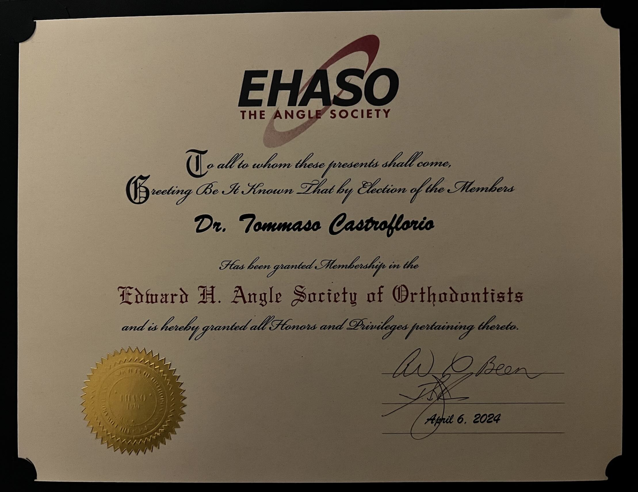 Il Dott. Tommaso Castroflorio Active Member della Edward H. Angle Society of Orthodontists