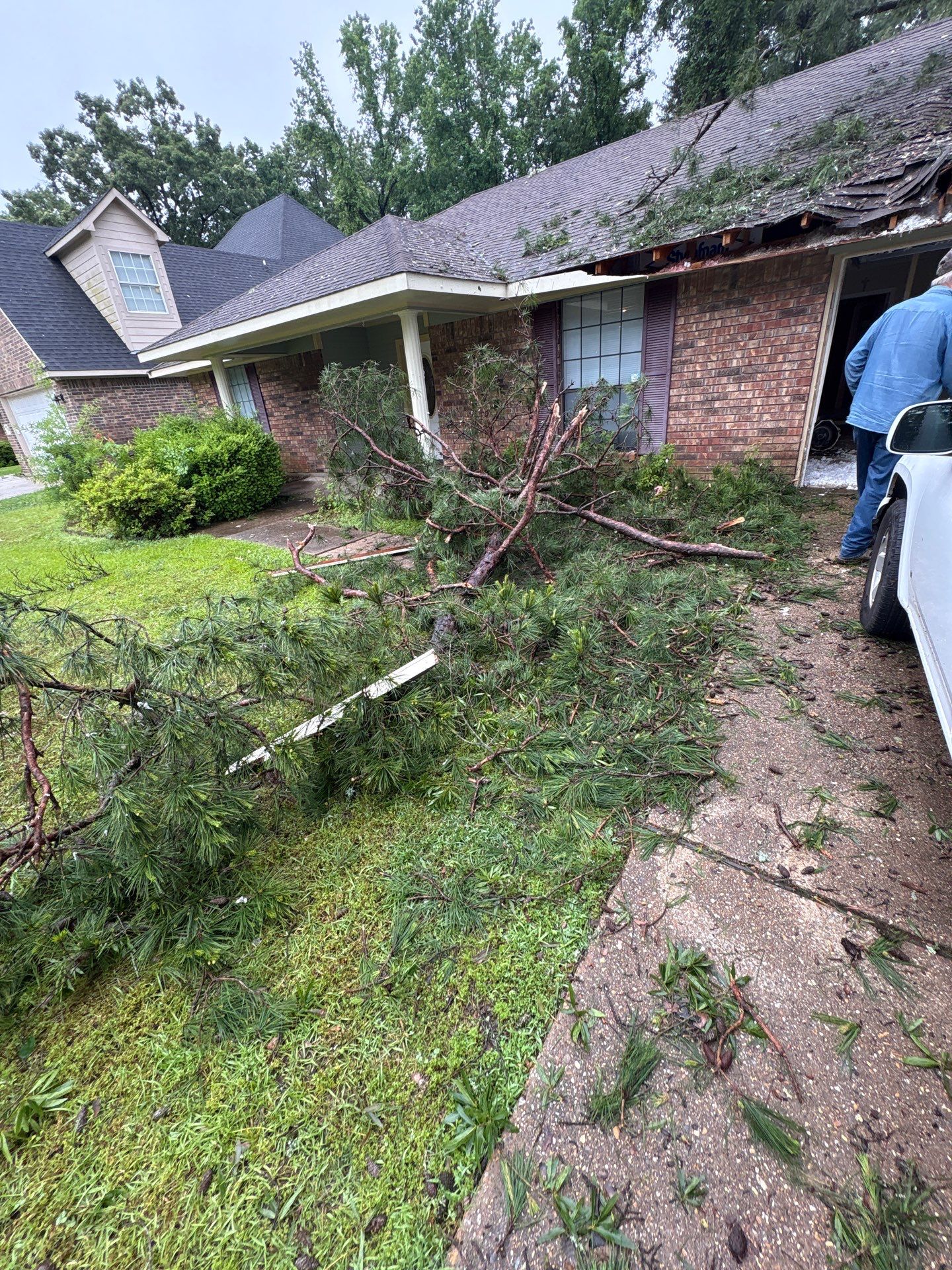 Tree down across driveway of brick home with storm damage to roof — Holman Builds storm damage repair in Bossier City, Louisiana
