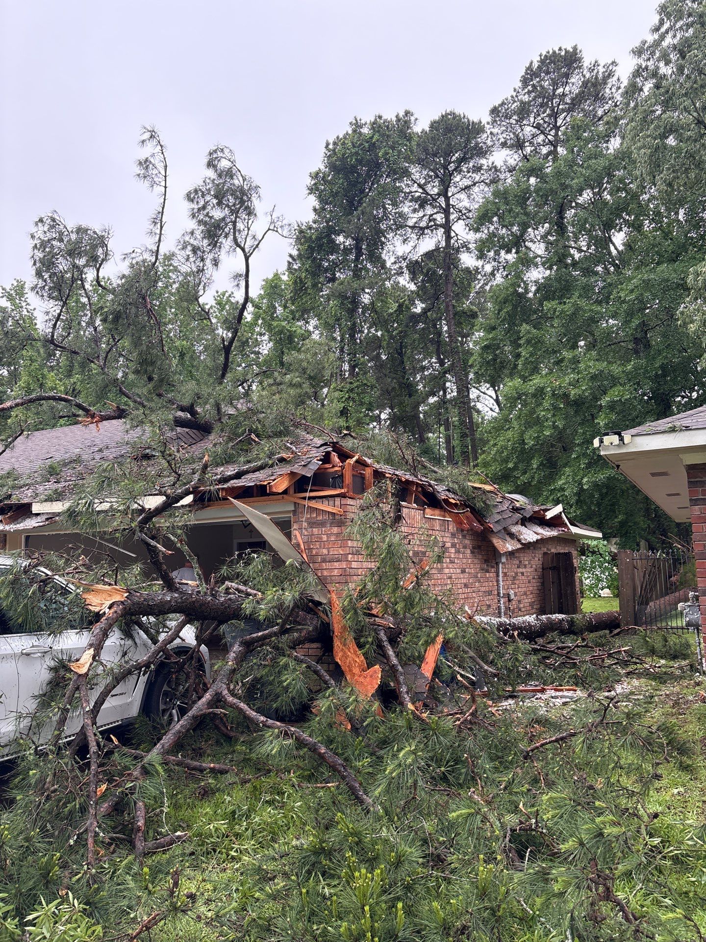 Large pine tree fallen on brick home causing severe roof and structural damage — storm damage repair by Holman Builds in Bossier City, Louisiana