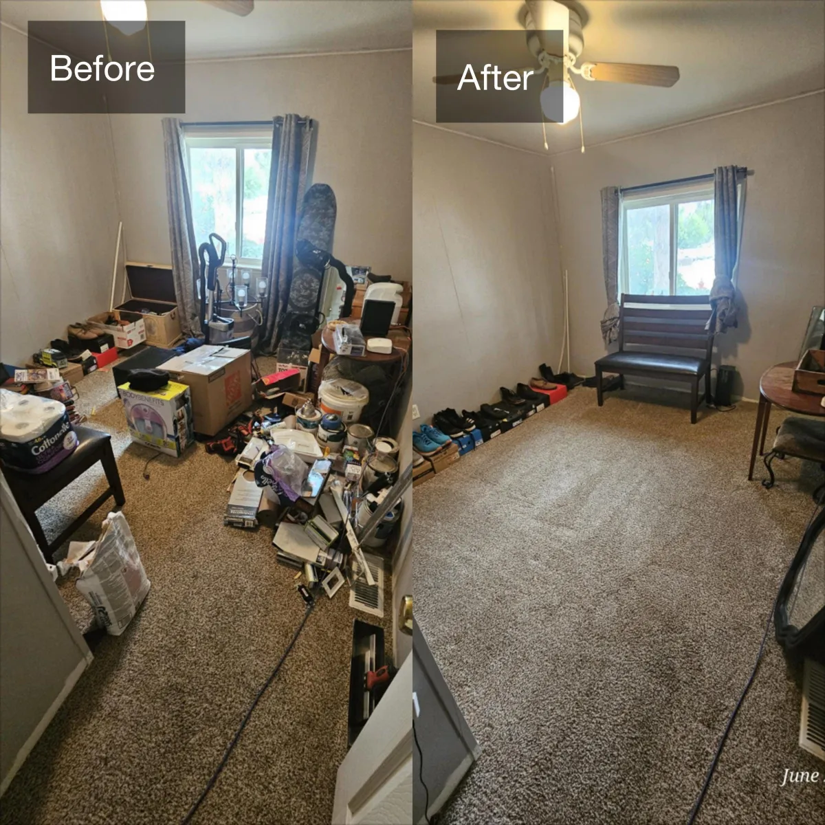 Before and after cleaning comparison of a bedroom
