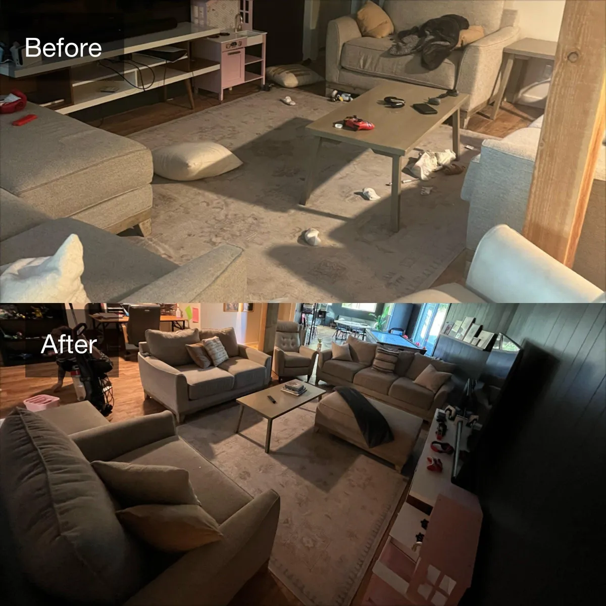 Before and after cleaning comparison of a living room