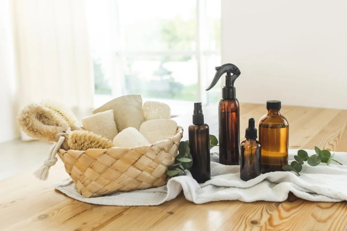 Eco-friendly cleaning products being used on a surface
