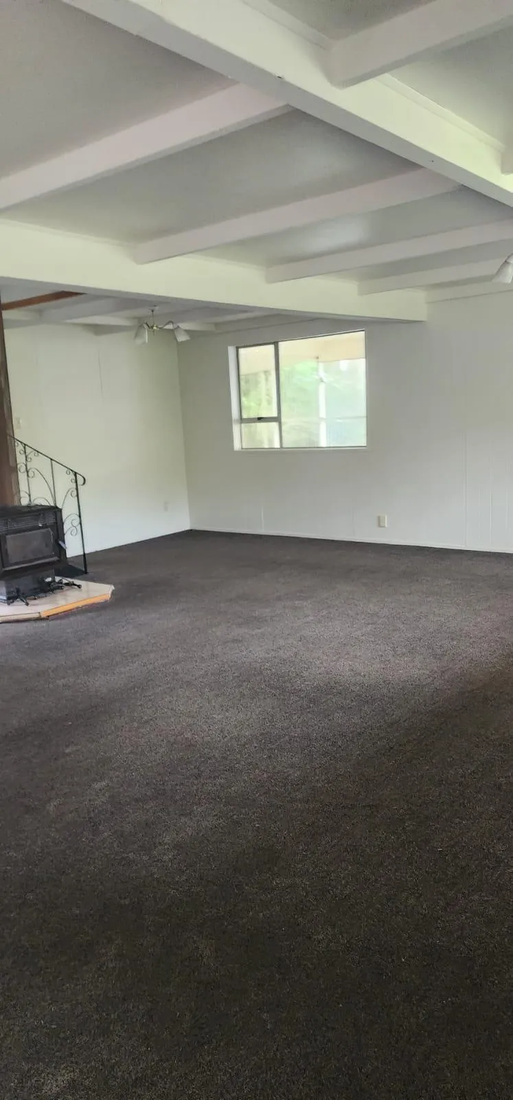 Large living room in Dunedin with professionally cleaned dark carpet and white ceiling beams