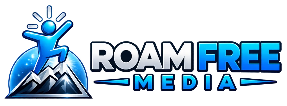 Logo for Roam Free Media featuring a person standing on top of a mountain peak with stars behind them, in blue and white on dark background