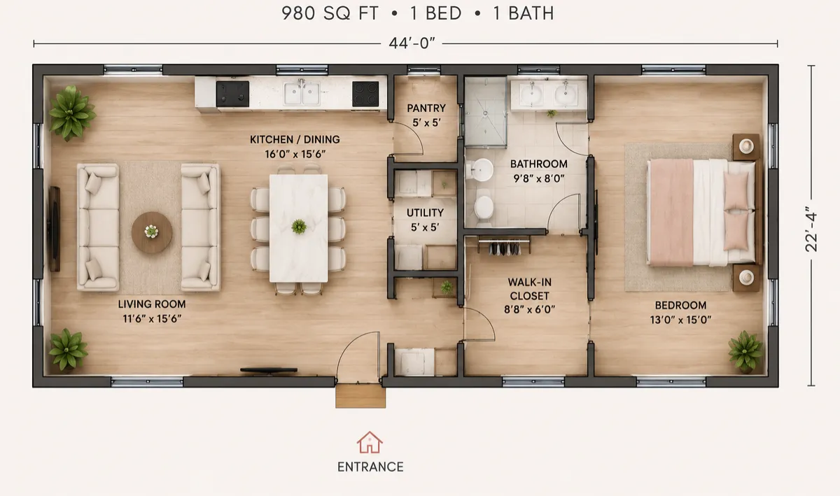 a living room filled with furniture and a kitchen